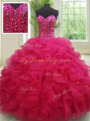 Dynamic Fuchsia Sleeveless Organza Lace Up Sweet 16 Dresses for Military Ball and Sweet 16 and Quinceanera