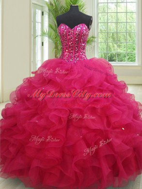 Dynamic Fuchsia Sleeveless Organza Lace Up Sweet 16 Dresses for Military Ball and Sweet 16 and Quinceanera