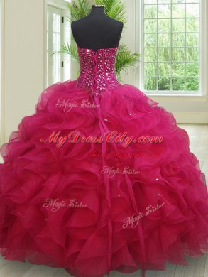 Dynamic Fuchsia Sleeveless Organza Lace Up Sweet 16 Dresses for Military Ball and Sweet 16 and Quinceanera