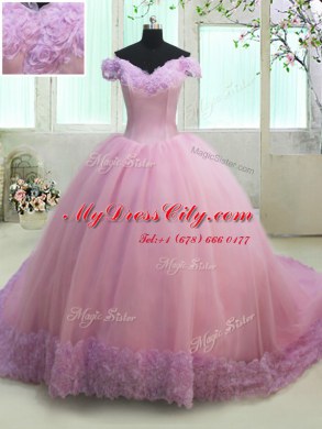 Off the Shoulder Court Train Lilac Ball Gowns Ruching Quinceanera Dresses Lace Up Tulle Cap Sleeves With Train