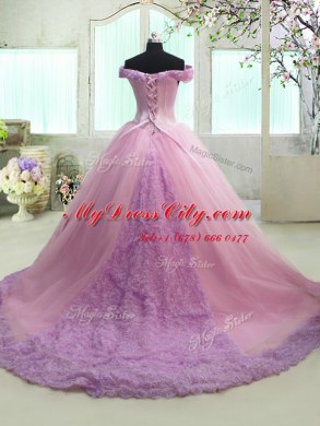 Off the Shoulder Court Train Lilac Ball Gowns Ruching Quinceanera Dresses Lace Up Tulle Cap Sleeves With Train