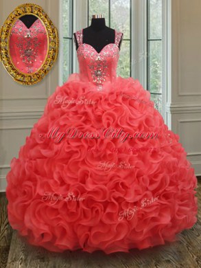 On Sale Coral Red Organza Zipper Straps Sleeveless Floor Length Ball Gown Prom Dress Beading