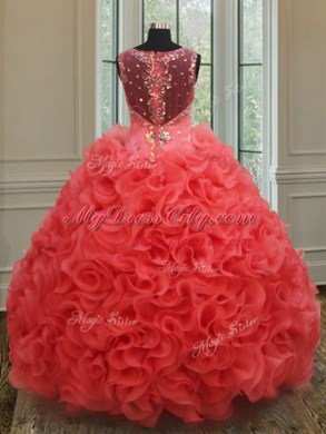 On Sale Coral Red Organza Zipper Straps Sleeveless Floor Length Ball Gown Prom Dress Beading