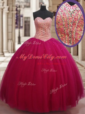 Customized Tulle Sweetheart Sleeveless Lace Up Beading Sweet 16 Dresses in Fuchsia
