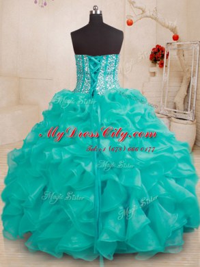 Popular Turquoise Sleeveless Beading and Ruffles Floor Length 15 Quinceanera Dress