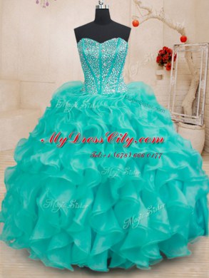 Popular Turquoise Sleeveless Beading and Ruffles Floor Length 15 Quinceanera Dress