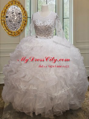 See Through Scoop Long Sleeves Lace Up Sweet 16 Dress White Organza