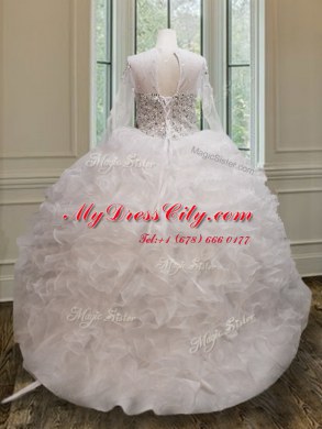 See Through Scoop Long Sleeves Lace Up Sweet 16 Dress White Organza