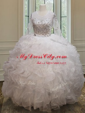 See Through Scoop Long Sleeves Lace Up Sweet 16 Dress White Organza