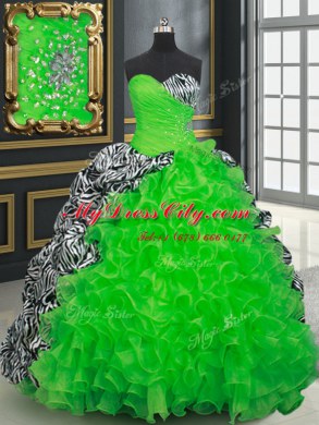 Pick Ups Sleeveless Organza and Printed Brush Train Lace Up 15 Quinceanera Dress for Military Ball and Sweet 16 and Quinceanera