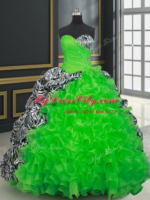 Pick Ups Sleeveless Organza and Printed Brush Train Lace Up 15 Quinceanera Dress for Military Ball and Sweet 16 and Quinceanera