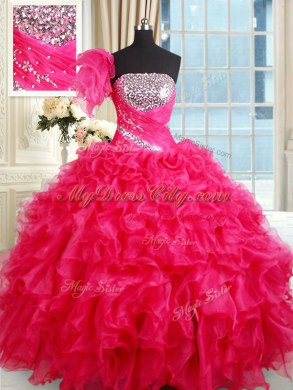 Perfect Hot Pink Sleeveless Floor Length Sequins Lace Up 15 Quinceanera Dress