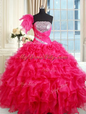 Perfect Hot Pink Sleeveless Floor Length Sequins Lace Up 15 Quinceanera Dress