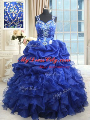 Unique Pick Ups Straps Sleeveless Zipper Quinceanera Dresses Royal Blue Organza