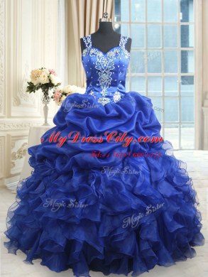 Unique Pick Ups Straps Sleeveless Zipper Quinceanera Dresses Royal Blue Organza