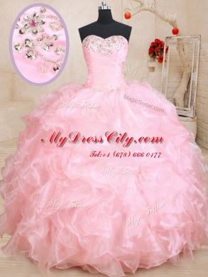 Baby Pink Lace Up Quinceanera Dress Beading and Ruffles Sleeveless Floor Length