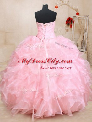 Baby Pink Lace Up Quinceanera Dress Beading and Ruffles Sleeveless Floor Length