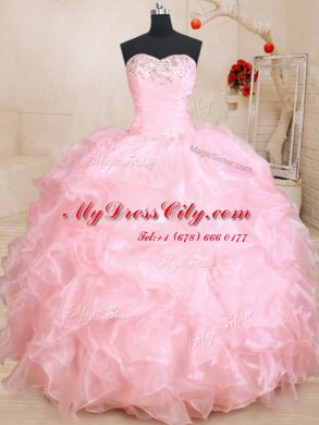 Baby Pink Lace Up Quinceanera Dress Beading and Ruffles Sleeveless Floor Length