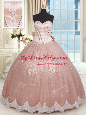 Free and Easy Floor Length Peach Vestidos de Quinceanera Tulle Sleeveless Beading and Lace and Bowknot