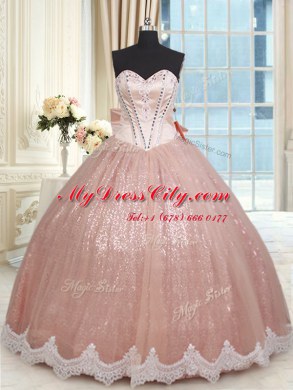 Free and Easy Floor Length Peach Vestidos de Quinceanera Tulle Sleeveless Beading and Lace and Bowknot