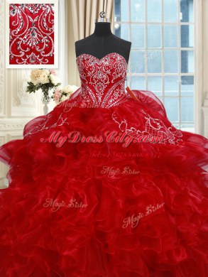 Flare Red Sleeveless Organza Lace Up Sweet 16 Quinceanera Dress for Military Ball and Sweet 16 and Quinceanera