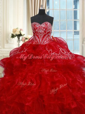 Flare Red Sleeveless Organza Lace Up Sweet 16 Quinceanera Dress for Military Ball and Sweet 16 and Quinceanera