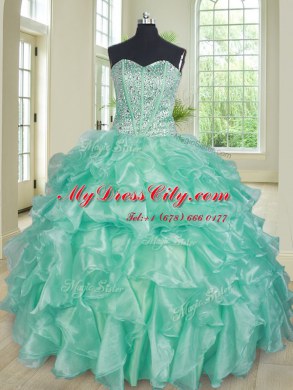 Pretty Apple Green Sleeveless Organza Lace Up 15 Quinceanera Dress for Military Ball and Sweet 16 and Quinceanera