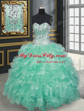 Shining Floor Length Apple Green Quinceanera Gowns Organza Sleeveless Beading and Ruffles