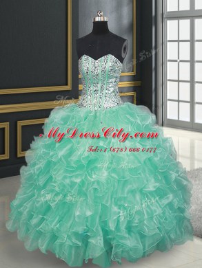 Shining Floor Length Apple Green Quinceanera Gowns Organza Sleeveless Beading and Ruffles