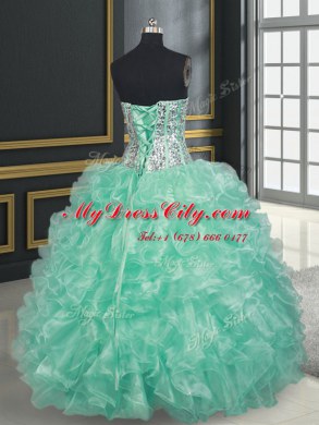 Shining Floor Length Apple Green Quinceanera Gowns Organza Sleeveless Beading and Ruffles