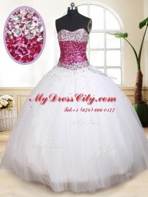 High End White Lace Up Sweetheart Beading Sweet 16 Dress Tulle Sleeveless