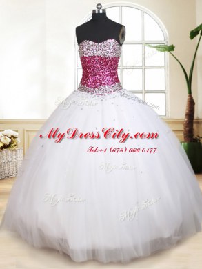High End White Lace Up Sweetheart Beading Sweet 16 Dress Tulle Sleeveless