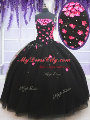 Deluxe Strapless Sleeveless Lace Up Quinceanera Dresses Black Tulle