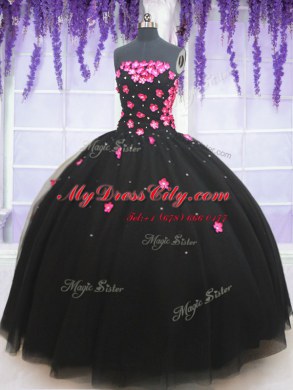 Deluxe Strapless Sleeveless Lace Up Quinceanera Dresses Black Tulle