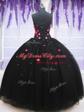 Deluxe Strapless Sleeveless Lace Up Quinceanera Dresses Black Tulle