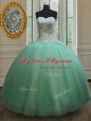 Apple Green Sleeveless Tulle Lace Up Ball Gown Prom Dress for Military Ball and Sweet 16 and Quinceanera