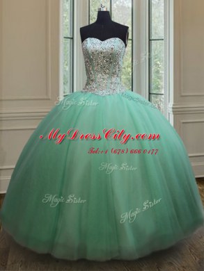 Apple Green Sleeveless Tulle Lace Up Ball Gown Prom Dress for Military Ball and Sweet 16 and Quinceanera