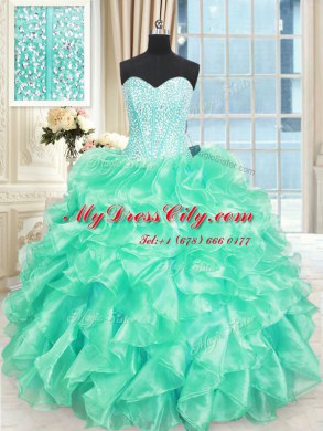 Sweetheart Sleeveless Lace Up Vestidos de Quinceanera Turquoise Organza