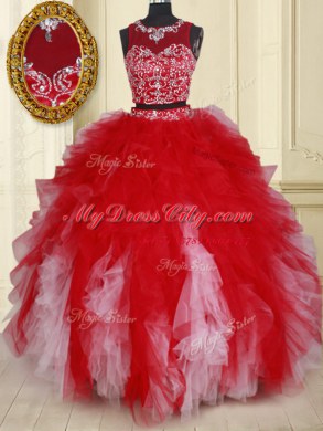 Nice Two Pieces Scoop See Through Tulle Sleeveless Floor Length Sweet 16 Dresses and Beading and Ruffles