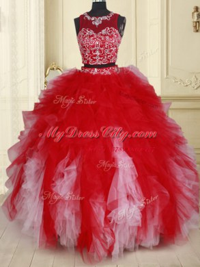 Nice Two Pieces Scoop See Through Tulle Sleeveless Floor Length Sweet 16 Dresses and Beading and Ruffles