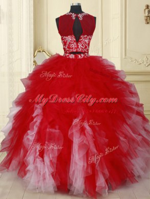 Nice Two Pieces Scoop See Through Tulle Sleeveless Floor Length Sweet 16 Dresses and Beading and Ruffles