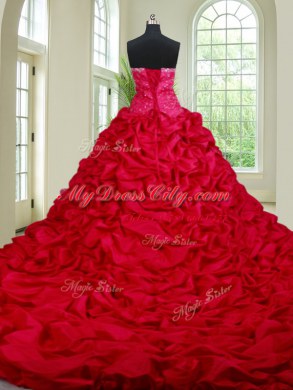 Great Chapel Train See Through Coral Red Two Pieces Beading and Ruffles and Pick Ups Ball Gown Prom Dress Lace Up Organza and Taffeta Sleeveless With Train