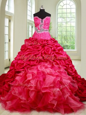 Great Chapel Train See Through Coral Red Two Pieces Beading and Ruffles and Pick Ups Ball Gown Prom Dress Lace Up Organza and Taffeta Sleeveless With Train