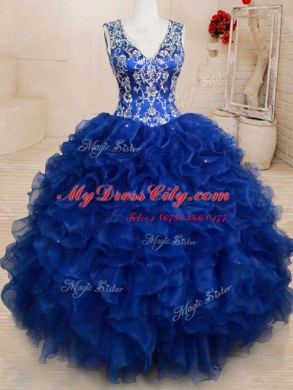 Royal Blue Ball Gowns Beading and Embroidery and Ruffles Quinceanera Dresses Backless Organza Sleeveless Floor Length