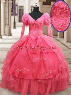 Deluxe Pink V-neck Zipper Beading and Embroidery and Ruffled Layers 15 Quinceanera Dress Half Sleeves