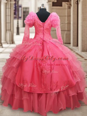 Deluxe Pink V-neck Zipper Beading and Embroidery and Ruffled Layers 15 Quinceanera Dress Half Sleeves