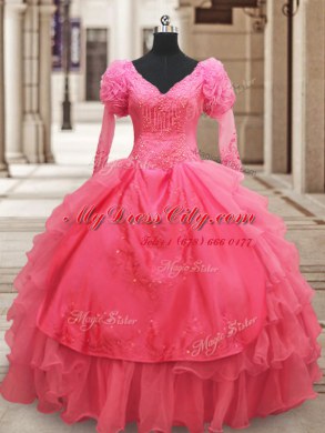 Deluxe Pink V-neck Zipper Beading and Embroidery and Ruffled Layers 15 Quinceanera Dress Half Sleeves