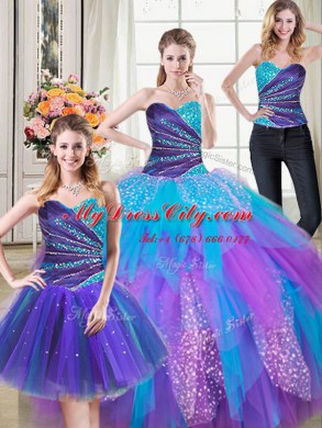 Modest Three Piece Multi-color Tulle Lace Up 15th Birthday Dress Sleeveless Floor Length Beading and Ruffles