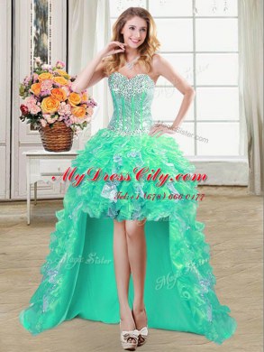 Designer Four Piece Turquoise Sweetheart Neckline Beading and Ruffles and Sequins 15 Quinceanera Dress Sleeveless Lace Up