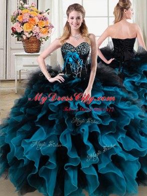 Black and Blue Quinceanera Gowns Military Ball and Sweet 16 and Quinceanera and For with Beading and Ruffles and Hand Made Flower Sweetheart Sleeveless Lace Up